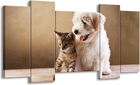 GroepArt - Schilderij - Hond, Poes - Bruin, Crème - 120x65cm 5Luik - Foto Op Canvas - GroepArt 6000+ Schilderijen 0p Canvas Art Collectie - Wanddecoratie