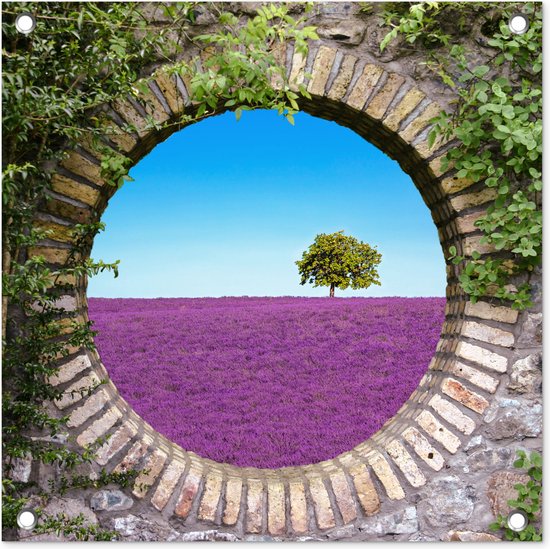 Tuinposter - Lavendel - Paars - Tuin - Doorkijk - Boom - Tuindoek - 50x50 cm - Tuinposter doorkijk - Schuttingdoek