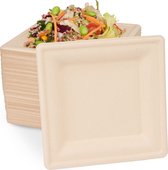 90 Assiettes à dessert carrées en bagasse (16 x 16 cm) - Petites assiettes en papier de canne à sucre - Robustes, en carton et anti-fuites - Biodégradables, écologiques et compostables