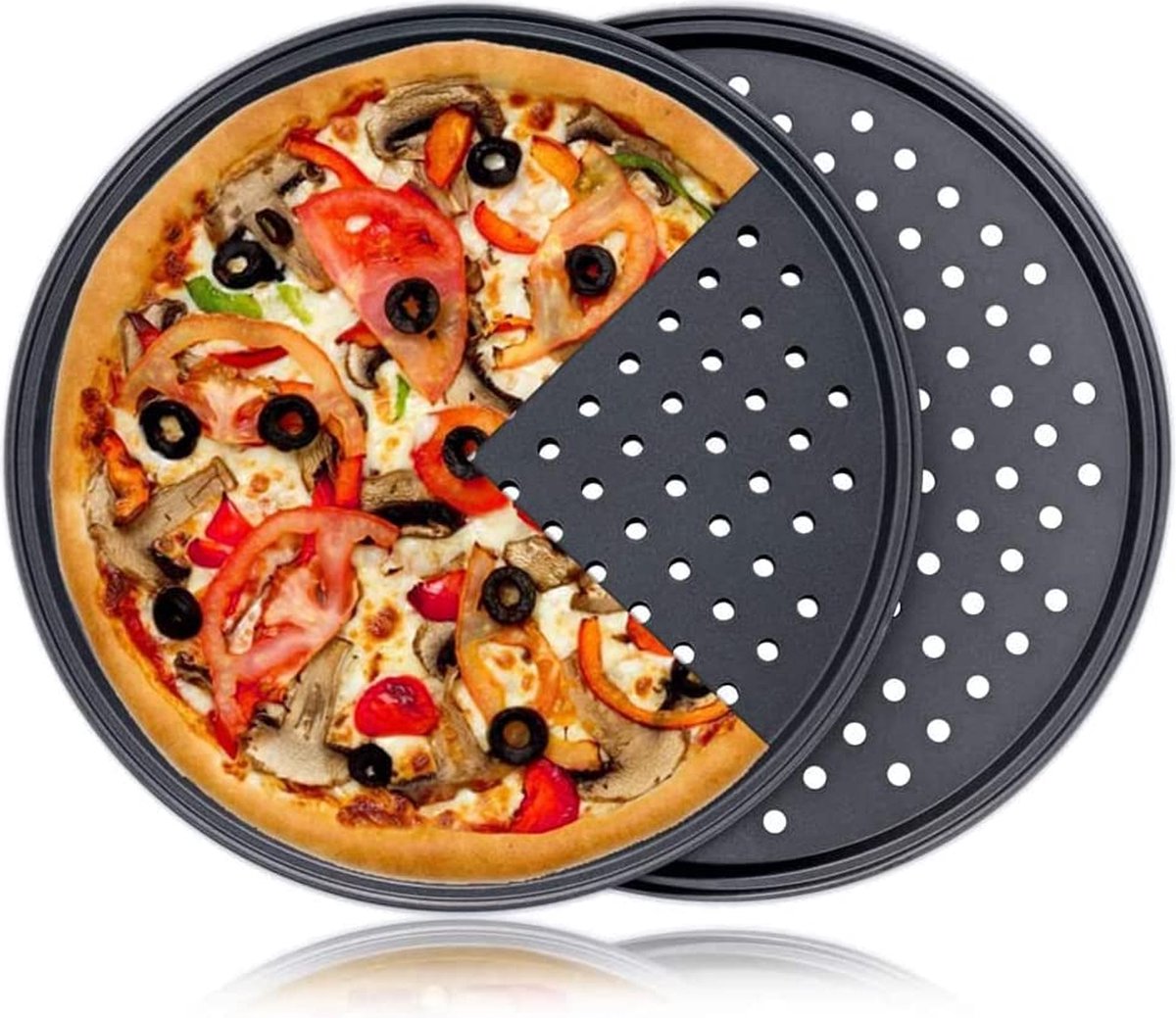 Pizzaplaat, rond, 28 cm, met gaten, verlaagde bakplaat, bakplaat, anti-aanbakbakken van koolstofstaal voor pizza en flambÃ©e, set van 2 pizzapannen, geperforeerd voor oven, verouderde korst