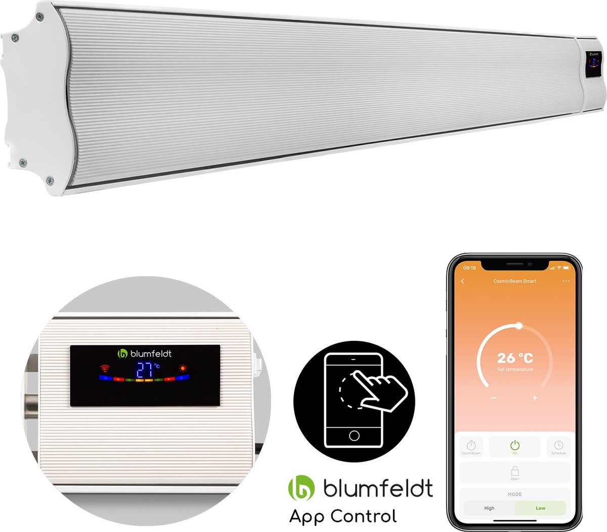 Blumfeldt Cosmic Beam Smart 30 heater - Terrasverwamer infrarood - 3000W - Met app-bediening en afstandsbediening - Blumfeldt