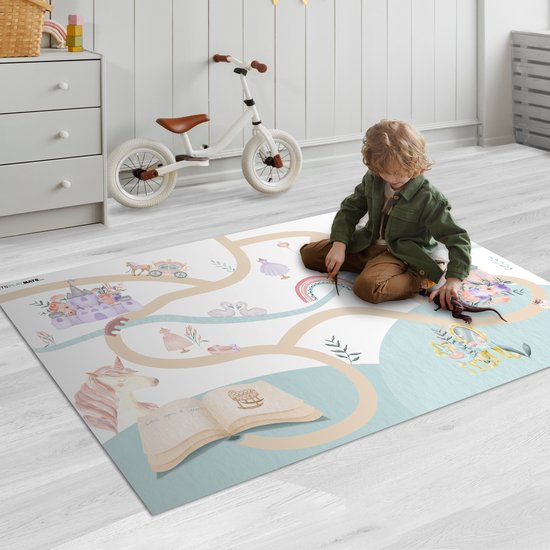 LetsPlaymats® Speelmat baby kinderen - Prinses - Kasteel - Bloemen - Eenhoorn - Meisjes - Speelkleed van vinyl - Speeltapijt - Antislip - 135x90 cm van LetsPlaymats® — afbeelding 2