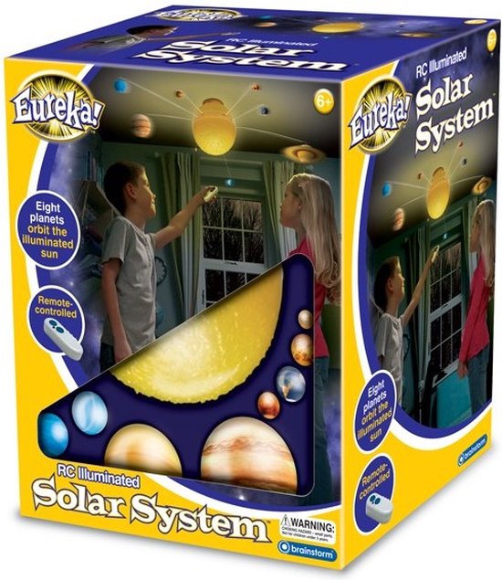 Doos van het Eureka 'RC Verlicht Zonnestelsel' speelgoed, met afbeeldingen van planeten en kinderen die ermee spelen.
