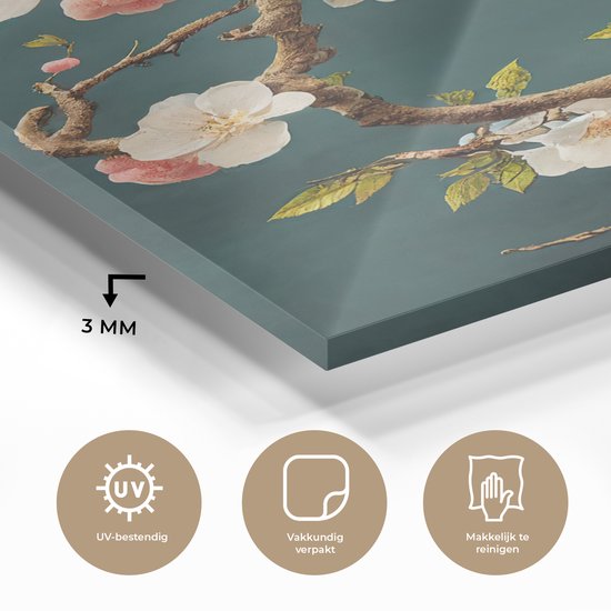 MuchoWow® Tableau sur verre 20x30 cm - Tableau sur verre acrylique - Fleurs - Fleur - Cerises - Branche - Wit - Photo sur verre - Décoration murale salon - Décoration murale chambre - Peintures