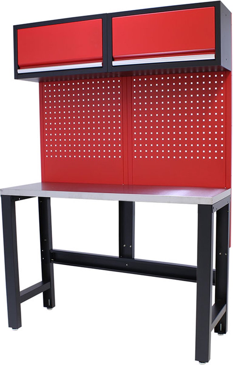 Kraftmeister werkbank 136 cm - Werktafel met gereedschapswand, 2 opbergkasten en RVS werkblad - Rood