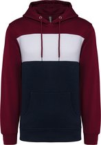 Driekleurige unisex hoodie met capuchon merk Kariban Wine/Wit/Donkerblauw - XXL