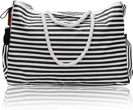 sac de plage résistant à l'eau grande capacité - avec deux poches latérales - rayures noires et blanches 55*38*15cm