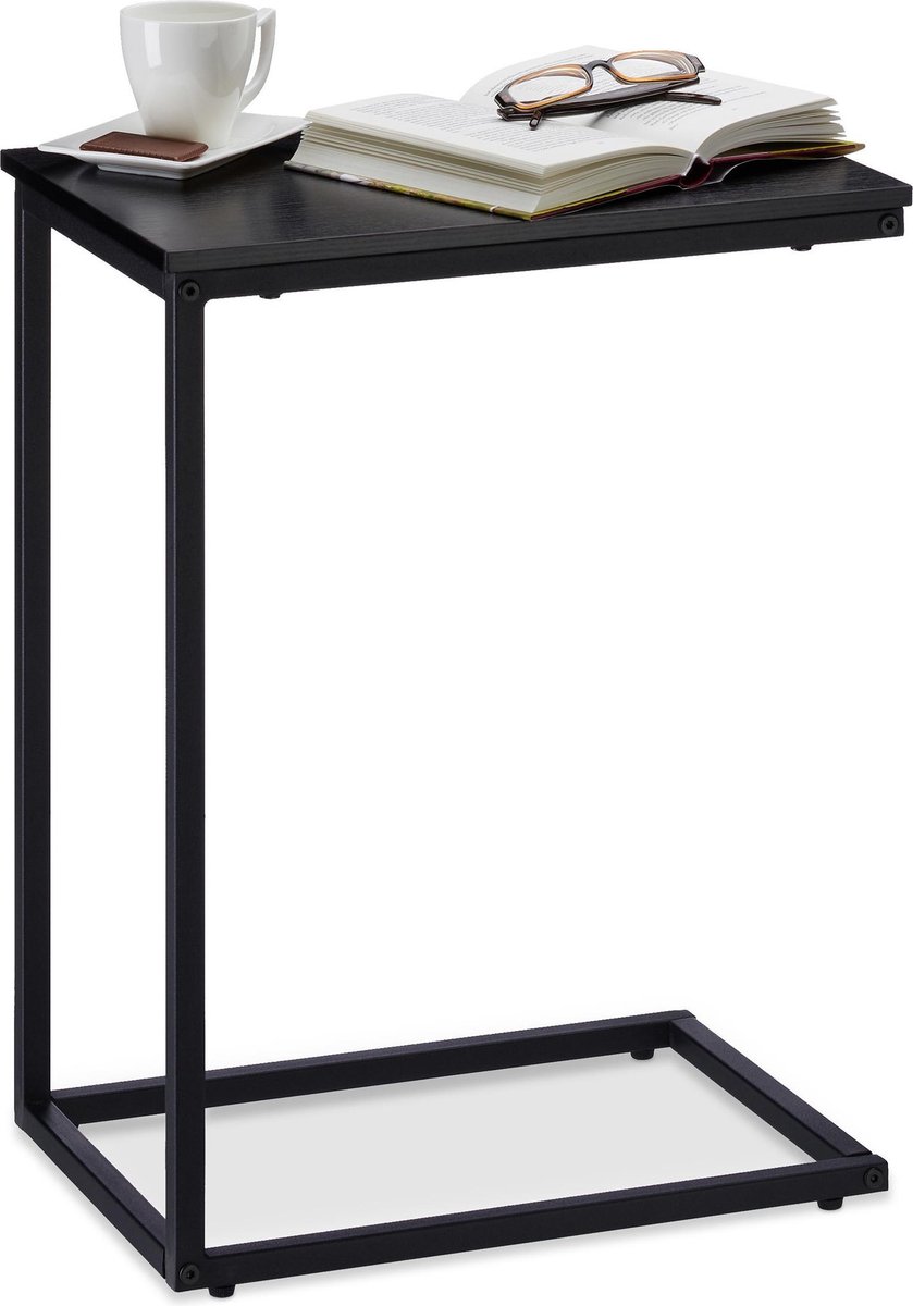 Relaxdays C bijzettafel metaal - salontafel houten tafelblad - siertafel zwart - 61cm hoog - Relaxdays