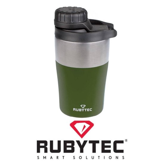 Olijfgroene thermosbeker van RVS met geborsteld zilveren band, zwart deksel en Rubytec logo.