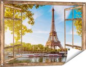Gards Tuinposter Doorkijk Eiffeltoren in Parijs aan het Water - 90x60 cm - Tuindoek - Tuindecoratie - Wanddecoratie buiten - Tuinschilderij