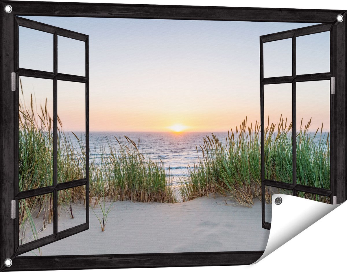Gards Tuinposter Doorkijk Zee vanuit Duinen met Zonsondergang - 90x60 cm - Tuindoek - Tuindecoratie - Wanddecoratie buiten - Tuinschilderij Zwart