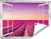 Gards Tuinposter Doorkijk Paarse Lavendel Bloemenveld - 60x40 cm - Tuindoek - Tuindecoratie - Wanddecoratie buiten - Tuinschilderij