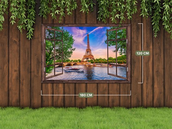 Gards Affiche de jardin Look-through Tour Eiffel à Paris sur l' Water - Couleur - 180x120 cm - Toile jardin - Décoration de jardin - Décoration murale extérieur - Tableau jardin
