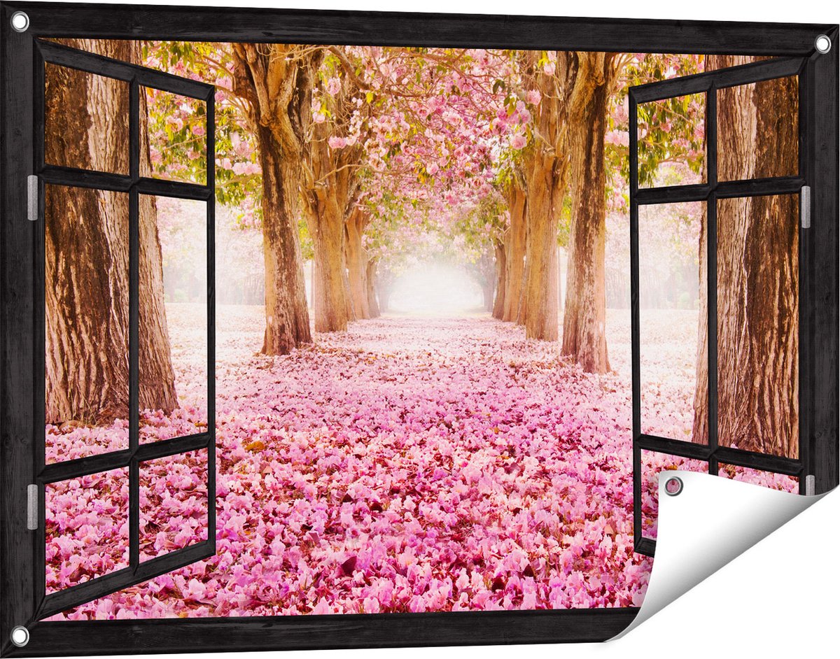 Gards Tuinposter Doorkijk Romantische Bomen Tunnel met Roze Anjers - 90x60 cm - Tuindoek - Tuindecoratie - Wanddecoratie buiten - Tuinschilderij Zwart