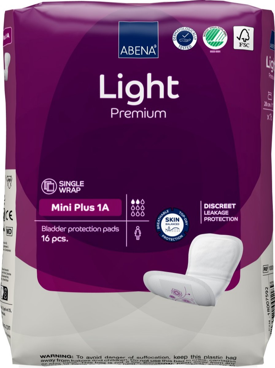 Goedkoopste ABENA Light Premium Mini Plus - 16x Incontinentie Verband Dames en Heren - Inlegverband voor Licht tot Matig Urineverlies - 10x28cm / 200ml