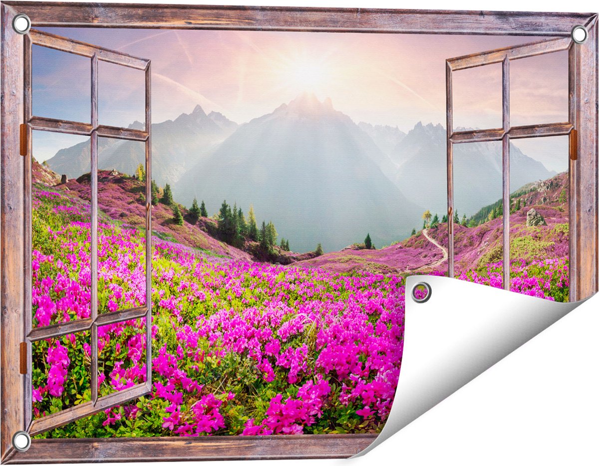 Gards Tuinposter Doorkijk Rhododendron Bloemenveld in de Alpen - 60x40 cm - Tuindoek - Tuindecoratie - Wanddecoratie buiten - Tuinschilderij