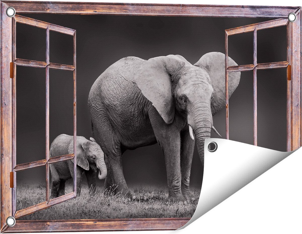 Gards Tuinposter Doorkijk Olifant Moeder en Zoon - Zwart Wit - 60x40 cm - Tuindoek - Tuindecoratie - Wanddecoratie buiten - Tuinschilderij Bruin