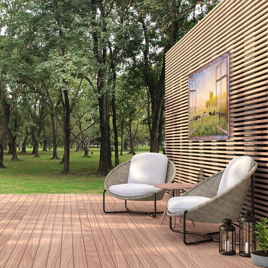 Gards Tuinposter Doorkijk Koeien in de Wei tijdens Zonsopgang - 120x80 cm - Tuindoek - Tuindecoratie - Wanddecoratie buiten - Tuinschilderij