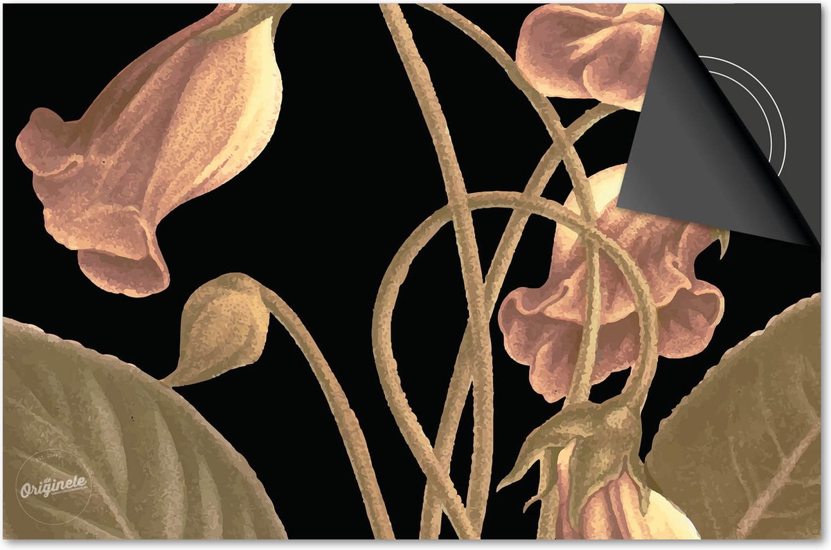 Inductie beschermer 83x51,5 - afdekplaat inductie mat - Dietrix Kookplaat beschermer - Base - Botanical - Kelken roze op zwart