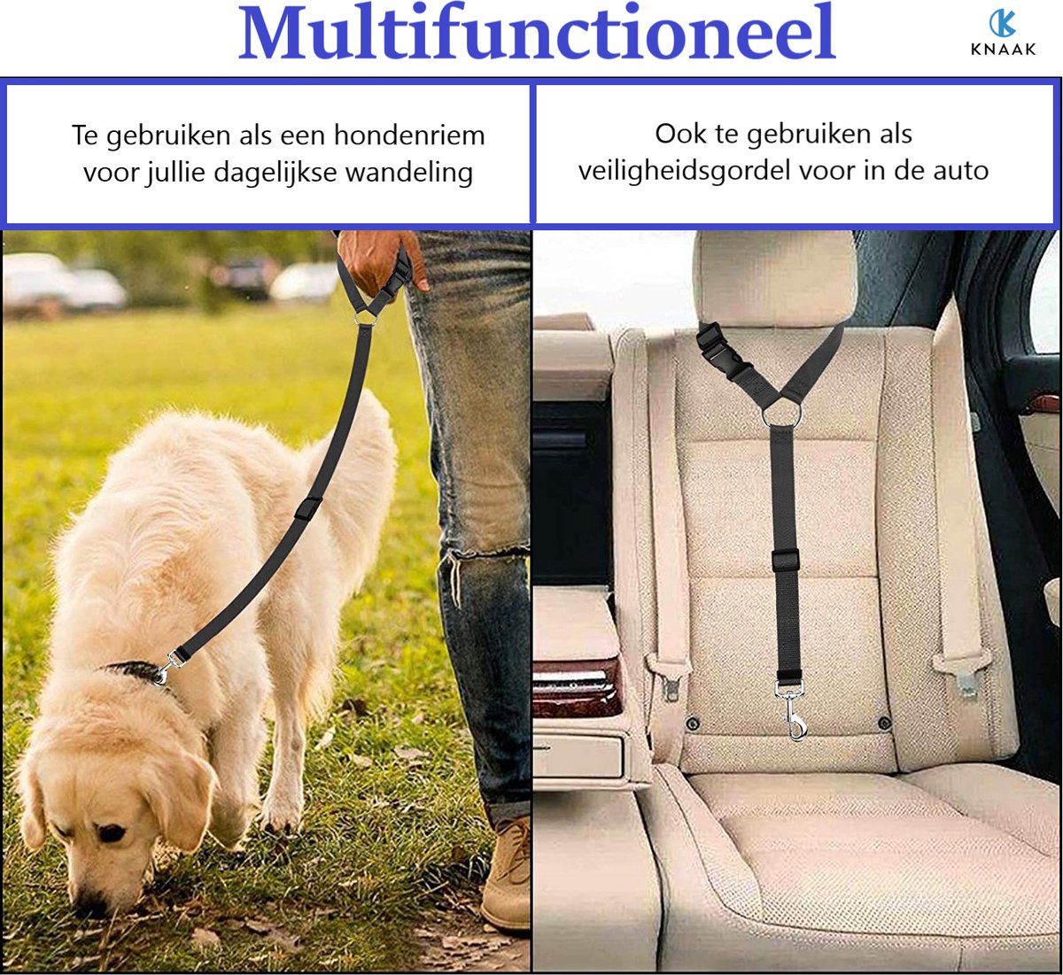 Knaak Ceinture de sécurité pour chien - Ceinture pour chien pour la voiture  - Ceinture