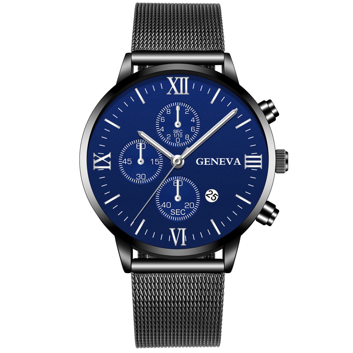 Hidzo Horloge Geneva Ø 41 - Met Datumaanduiding - Zwart-Blauw - Staal - Inclusief Horlogedoosje