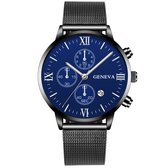 Hidzo Horloge Geneva Ø 41 - Met Datumaanduiding - Zwart/Blauw - Staal - Inclusief Horlogedoosje