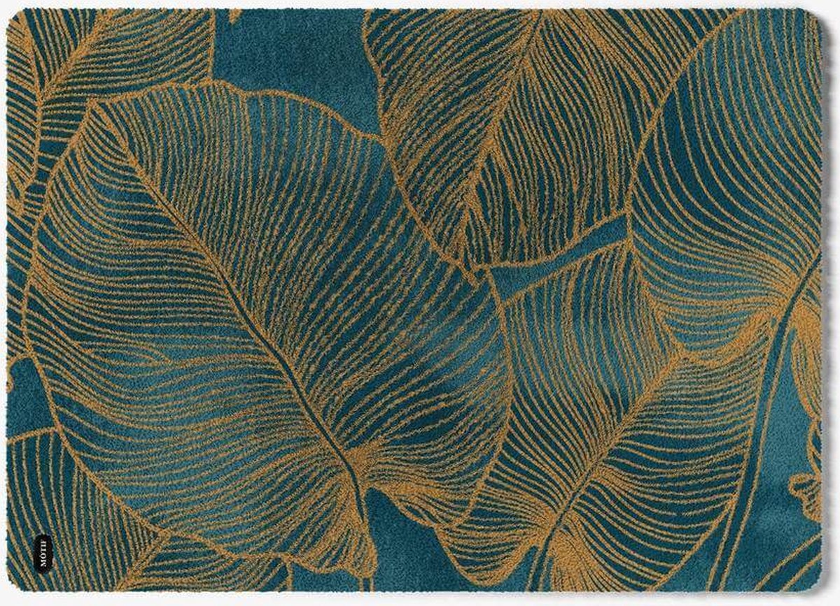 Mótif Botanique Turquoise - Blauwe-turquoise wasbare deurmat met botanisch patroon 85 cm x 115 cm - Deurmat binnen met print
