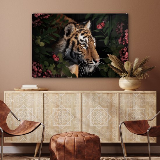 Peintures sur verre - Tigre - Papillons - Fleurs - 120x80 cm - Peintures Plexiglas