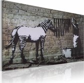 Schilderij - Banksy - Zebra Wassen, 40x60cm , zwart wit , wanddecoratie , premium print op canvas