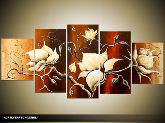 Schilderij -  Magnolia - Bruin, Crème - 150x70cm 5Luik - GroepArt - Handgeschilderd Schilderij - Canvas Schilderij - Wanddecoratie - Woonkamer - Slaapkamer - Geschilderd Door Onze Kunstenaars 2000+Collectie Maatwerk Mogelijk