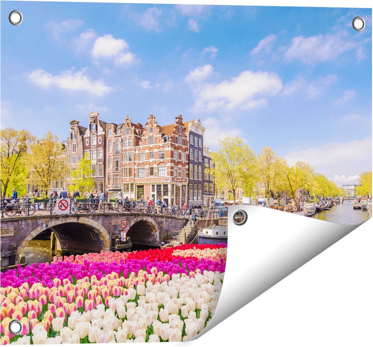 Gards Tuinposter Amsterdamse Huisjes aan de Grachten - 50x40 cm - Tuindoek - Tuindecoratie - Wanddecoratie buiten - Tuinschilderij Multikleur