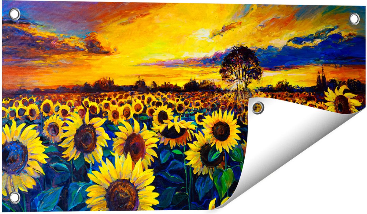 Gards Tuinposter Getekende Zonnebloemen Veld met Olieverf - 60x30 cm - Tuindoek - Tuindecoratie - Wanddecoratie buiten - Tuinschilderij Multikleur