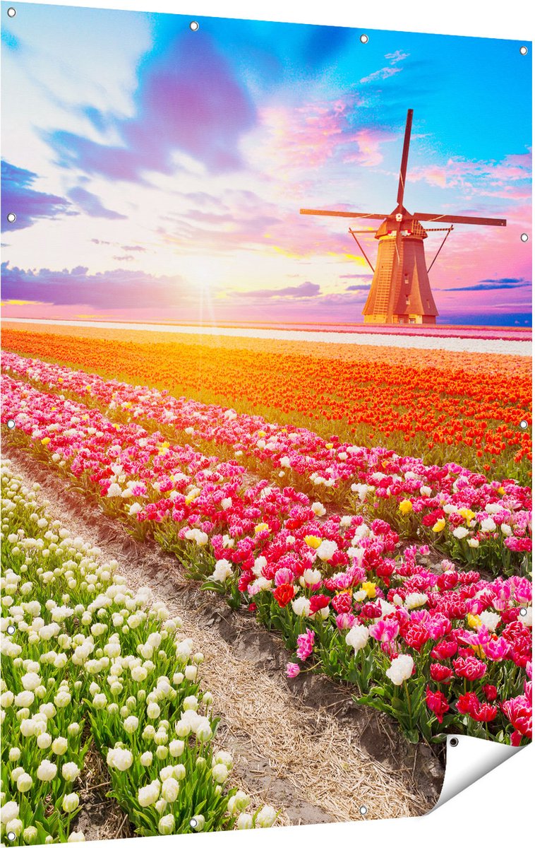 Gards Tuinposter Kleurrijke Bloemenveld met een Windmolen - 120x160 cm - Tuindoek - Tuindecoratie - Wanddecoratie buiten - Tuinschilderij Multikleur