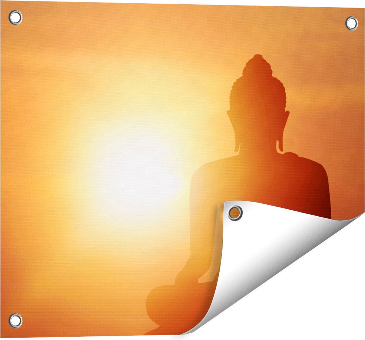 Gards Tuinposter Silhouet van een Boeddha Beeld met Zonsondergang - 50x40 cm - Tuindoek - Tuindecoratie - Wanddecoratie buiten - Tuinschilderij Multikleur