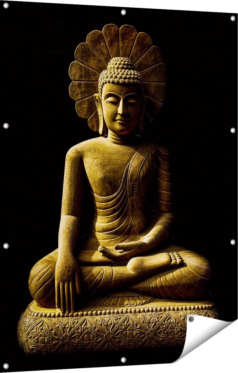 Gards Tuinposter Gouden Boeddha Beeld in Meditatie - 90x120 cm - Tuindoek - Tuindecoratie - Wanddecoratie buiten - Tuinschilderij Multikleur