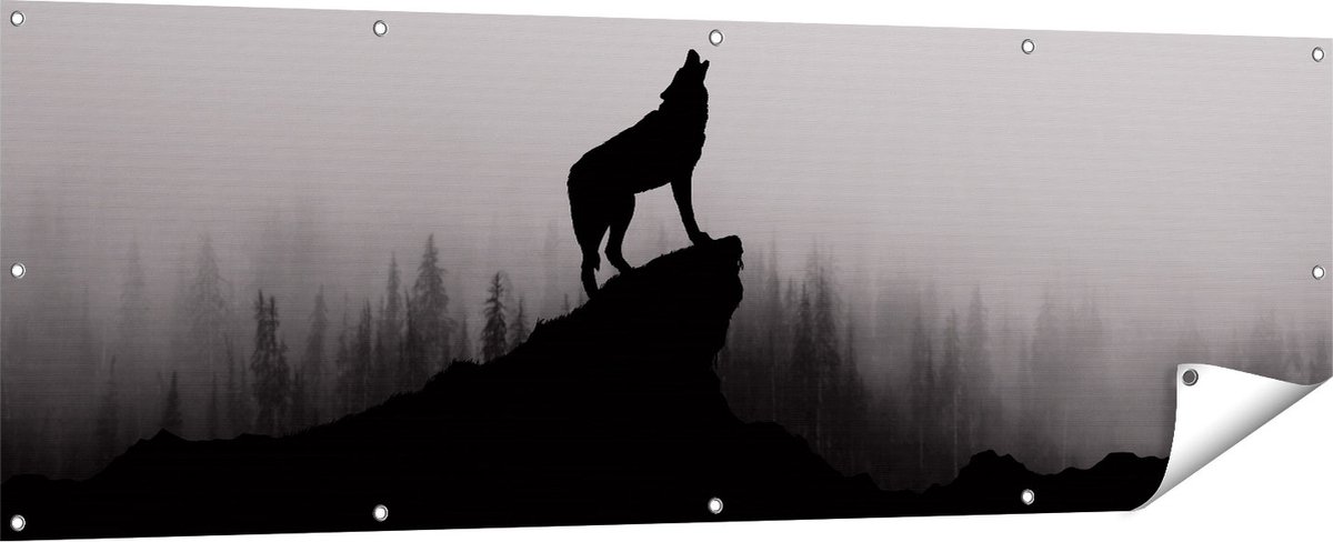 Gards Tuinposter Silhouet van een Huilende Wolf - Abstract - 180x60 cm - Tuindoek - Tuindecoratie - Wanddecoratie buiten - Tuinschilderij Multikleur