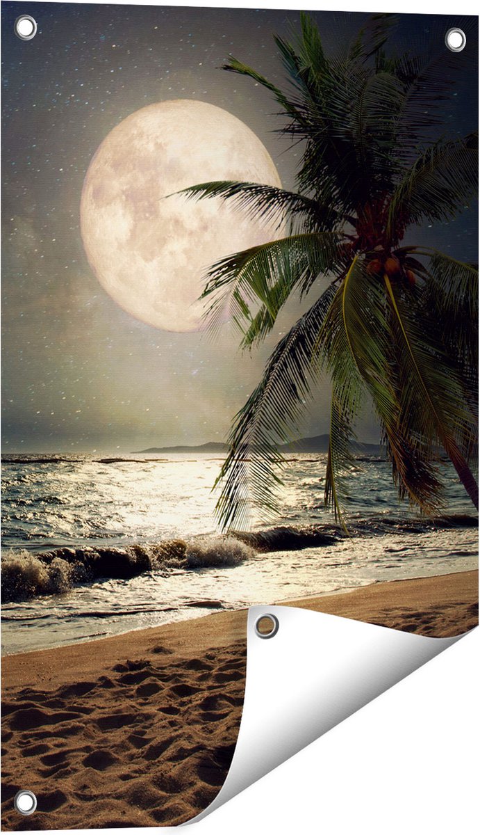 Gards Tuinposter Tropisch Strand in de Nacht met Volle Maan - 40x60 cm - Tuindoek - Tuindecoratie - Wanddecoratie buiten - Tuinschilderij Multikleur