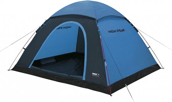 Blauwe en donkerblauwe High Peak Monodome XL koepeltent met geopende ingang, rode stokken en opgebouwde scheerlijnen.