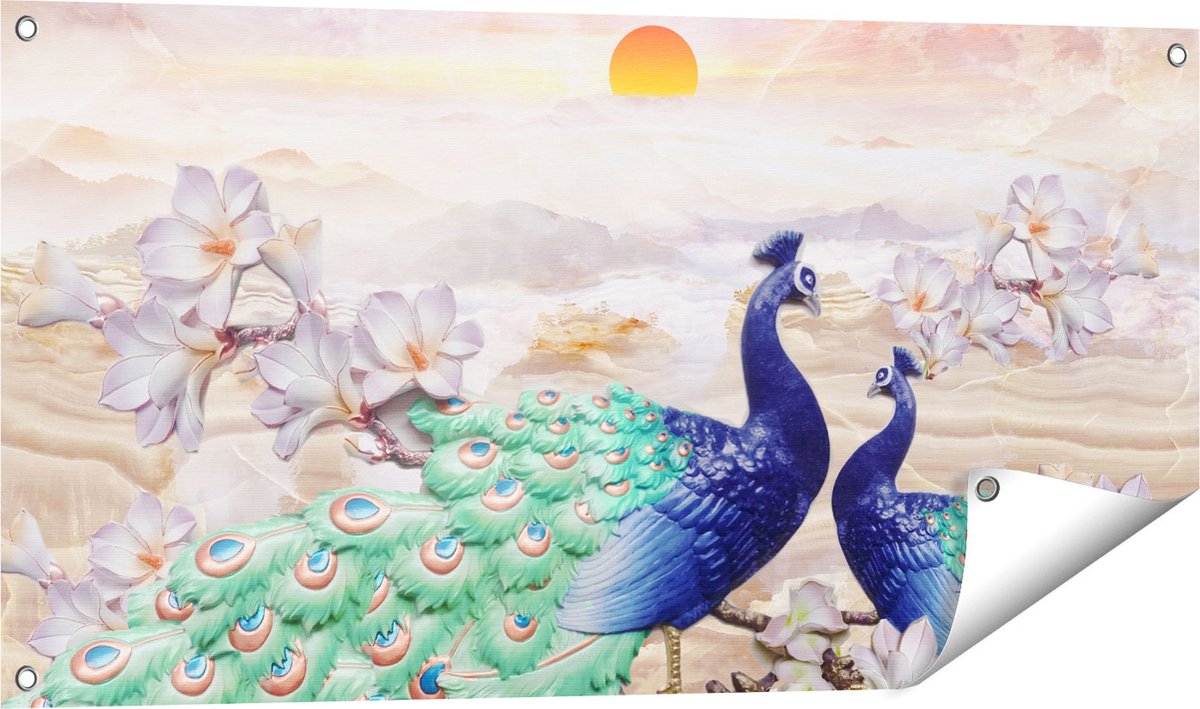 Gards Tuinposter Twee Pauwen bij Elkaar met Bloemen - Liefde - 100x50 cm - Tuindoek - Tuindecoratie - Wanddecoratie buiten - Tuinschilderij Multikleur