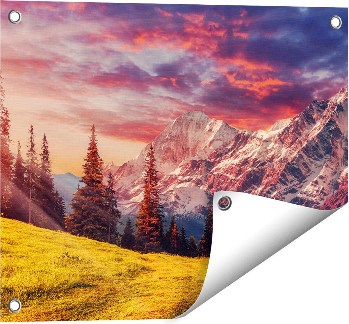 Gards Tuinposter Alpen Landschap met een Kleurrijke Hemel - 50x40 cm - Tuindoek - Tuindecoratie - Wanddecoratie buiten - Tuinschilderij Multikleur