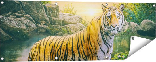 Gards Tuinposter Luipaard in een Vijver bij Zonsondergang - 120x40 cm - Tuindoek - Tuindecoratie - Wanddecoratie buiten - Tuinschilderij