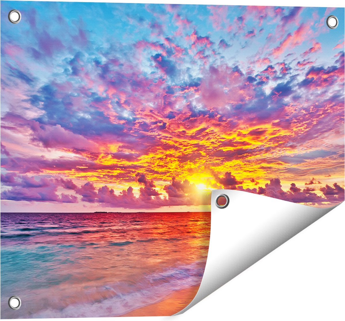 Gards Tuinposter Zonsondergang op het Strand in de Malediven - 50x40 cm - Tuindoek - Tuindecoratie - Wanddecoratie buiten - Tuinschilderij Multikleur