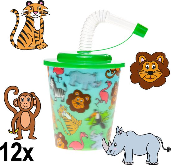 12 STUKS WILDE DIEREN 3D Drink Beker met Rietje en Deksel - 250ML - Jungle Plastic Bekers - Kinderfeestje - Kinderverjaardag Bekertjes - Traktatie - Uitdeelcadeaus van Illusis — afbeelding 5
