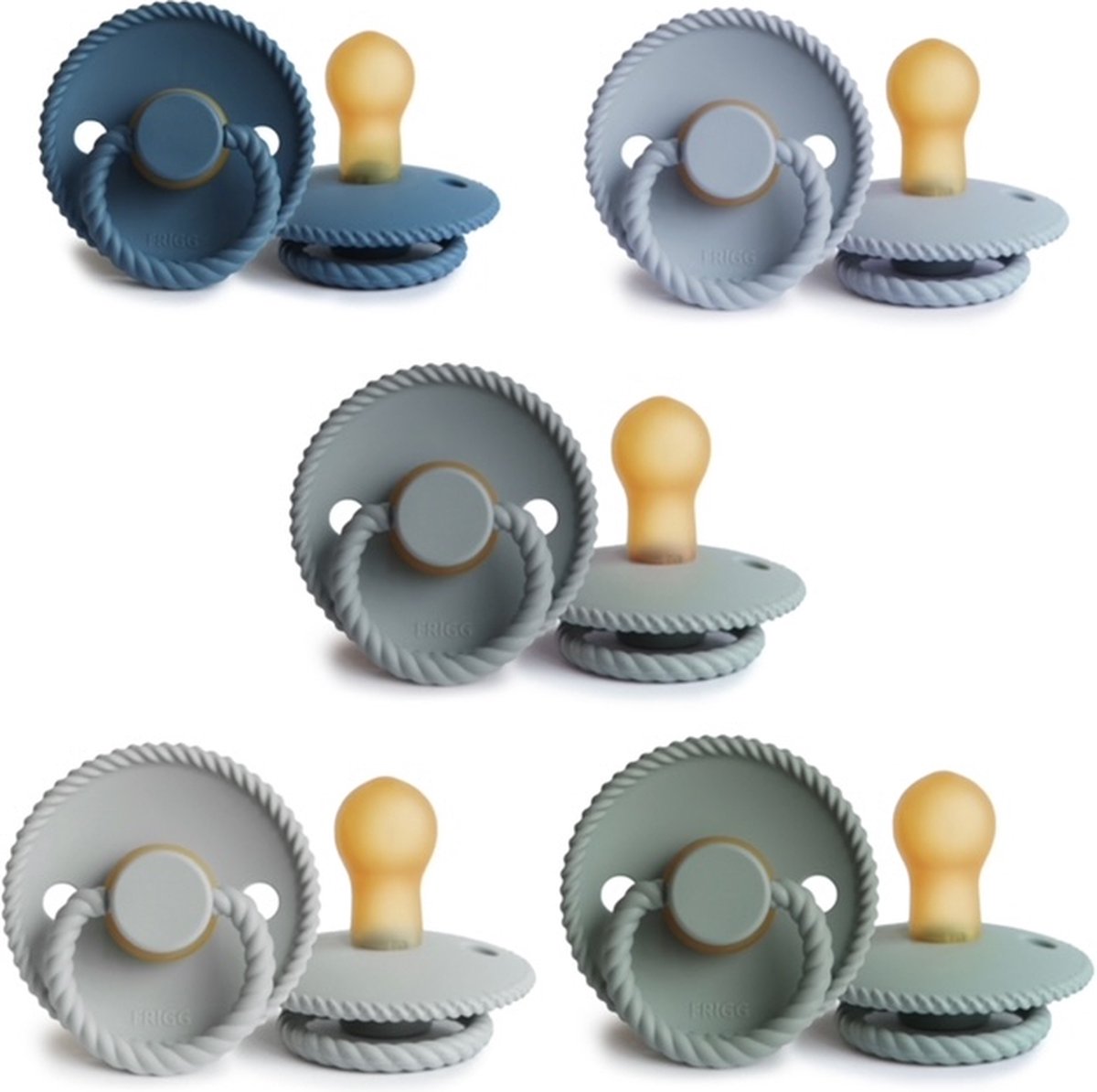 Goedkoopste FRIGG ROPE Fopspeen set 5 stuks Ocean View,Powder Blue,French Gray,Silver Gray en Sage 0-6 maand