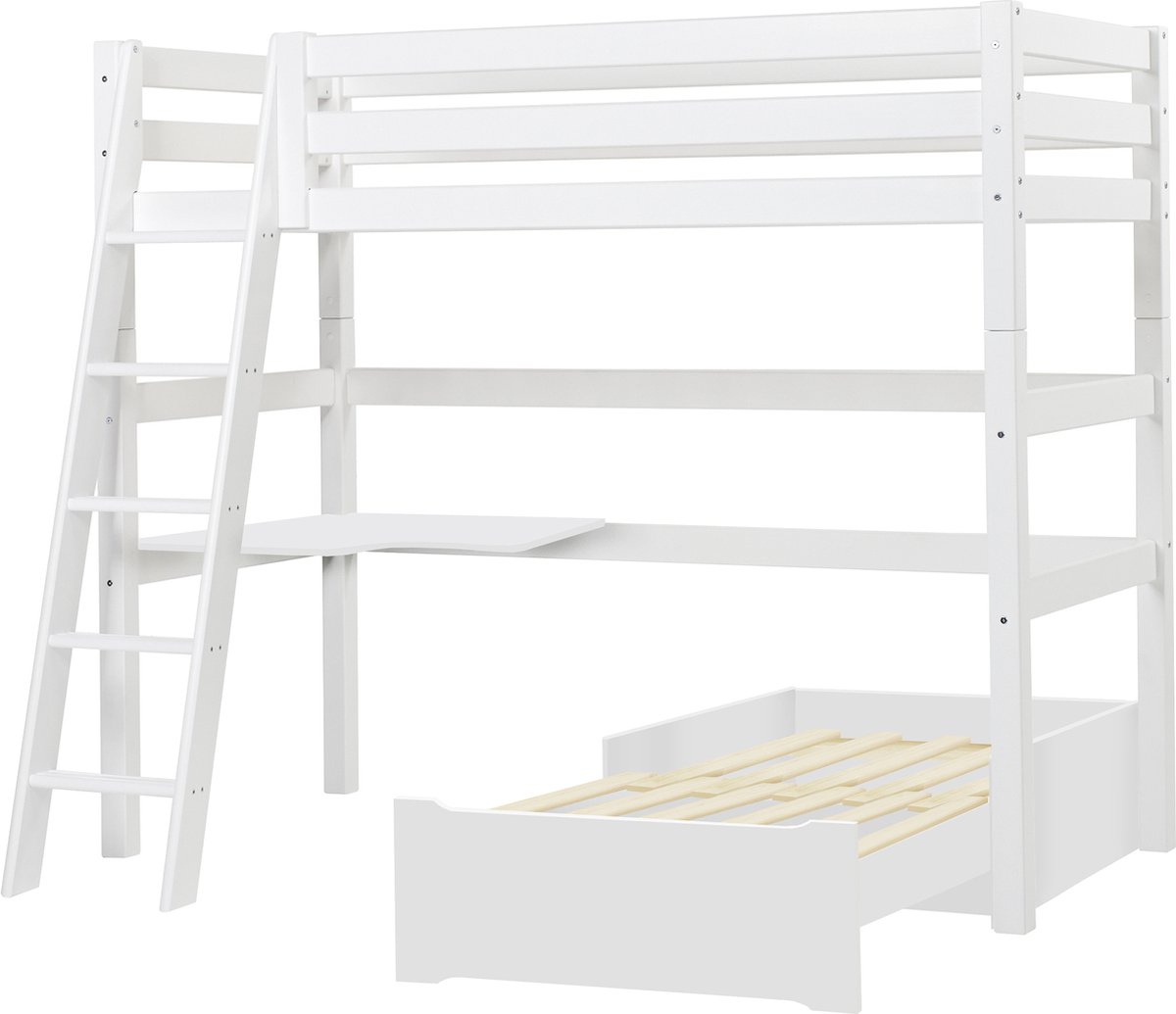 Hoppekids ECO Luxury MEGA-bed 90x200cm met schuine ladder, lounge-module en bureau, wit