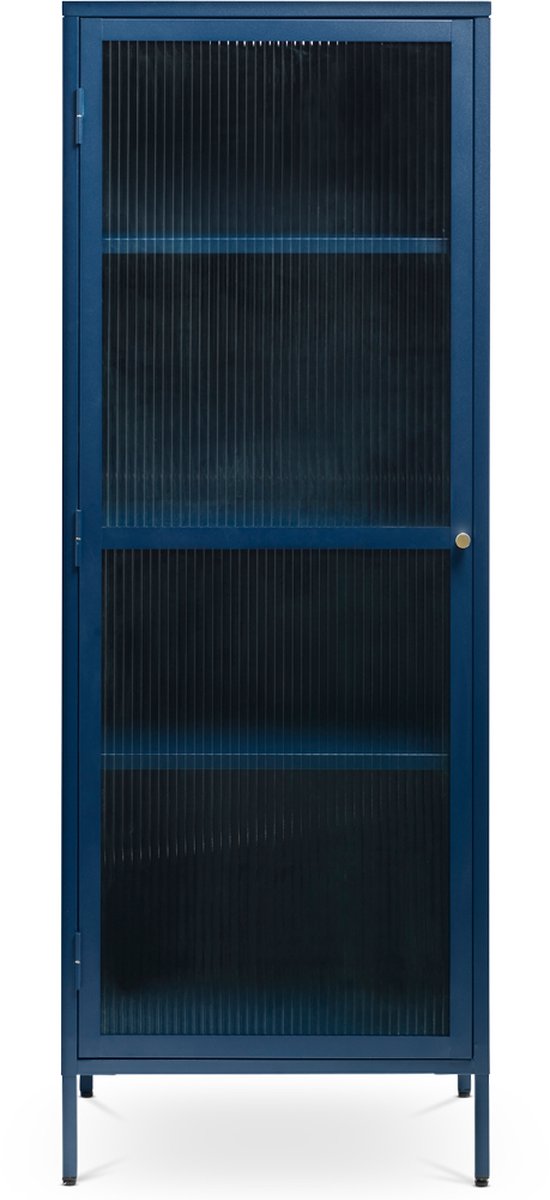 Olivine Katja Smalle Metalen Vitrinekast - met Geribbeld Glas - 2 Deuren - Verstelbare Planken- Modern - Industrieel - 58 x 40 x 160 cm - Blauw