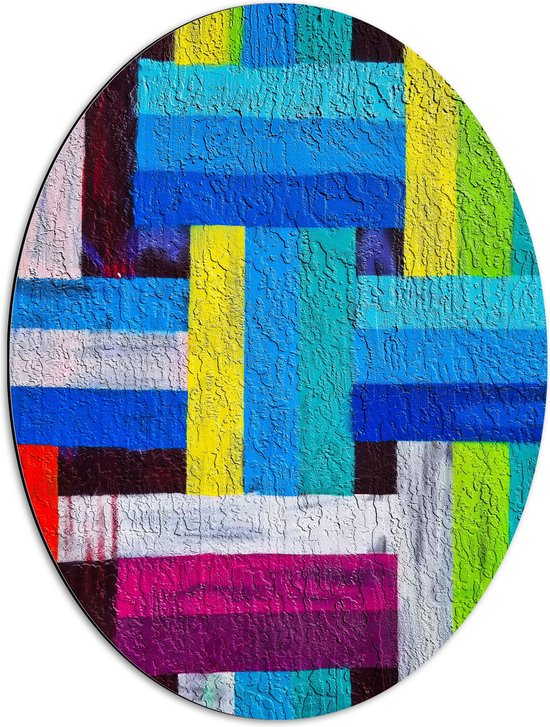 Dibond Ovaal - Geometrische Vakken in Verschillende Kleuren - 51x68 cm Foto op Ovaal (Met Ophangsysteem)
