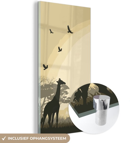MuchoWow® Glasschilderij 40x80 cm - Schilderij acrylglas - Een illustratie van een Afrikaanse safari als achtergrond met giraffen - Foto op glas - Schilderijen