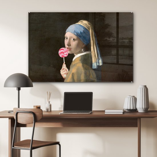 MuchoWow® Peinture sur Verre - Fille à la Perle - Johannes Vermeer - Sucette - 90x60 cm - Peintures sur Verre Acrylique - Photo sur Glas