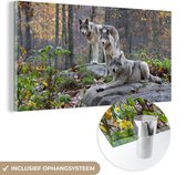 MuchoWow® Glasschilderij 120x60 cm - Schilderij acrylglas - Wolven - Rots - Bos - Foto op glas - Schilderijen